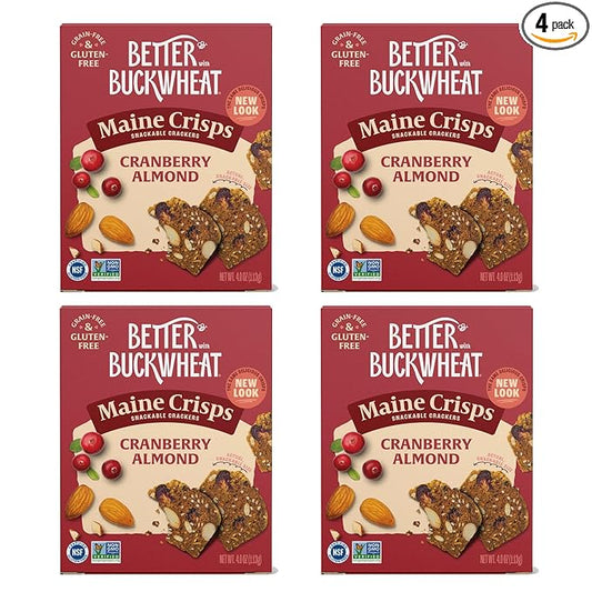 Maine Crisp Cranberry Almond Crisps, 4 Pack - Snack Crackers, Grain Free, Non-Gmo - Sweet & Savory Flavor, for Cheese Boards, Salad Toppings & Jams