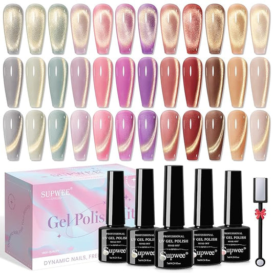 Cat Eye Gel Nail Polish Set,12 Colors Gold Glitter Holographic CatEye Gel Polish with Magnetic Stick,Sliver Brown Pink Red Cat Eye Soak Off UV DIY Home Salon Manicure