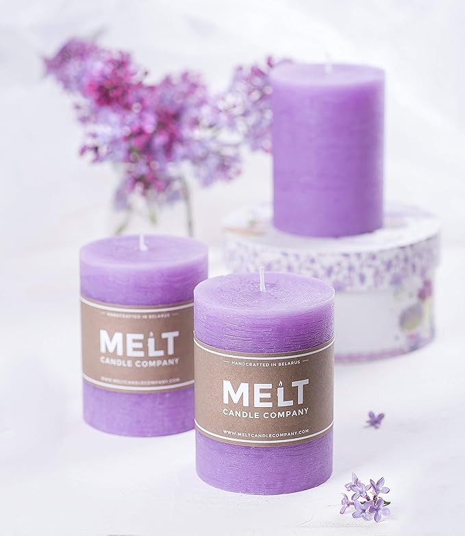 Set of 3 Pillar Candles 3" x 4" Unscented Handpoured Weddings, Home Decoration, Restaurants, Spa, Church Smokeless Cotton Wick - Lilac