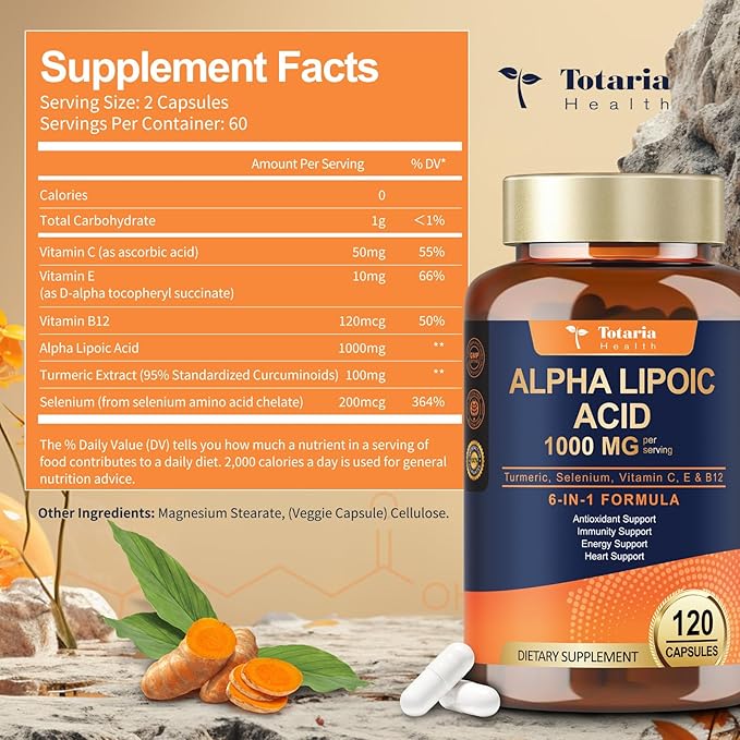 Totaria Alpha Lipoic Acid 1000mg - ALA Supplement Antioxidant for Neuropathy Support Nerve Health, Liver Detox, Antioxidant, Metabolism and Cell Energy, Anti-Aging - Non-GMO, Gluten Free, Vegan Safe