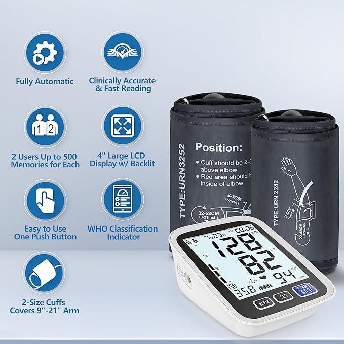 Blood Pressure Machine Upper Arm, 2 Size Cuffs Fit Arms from Medium 9"-17" to Extra Large XL 13"-21", Accurate Automatic Digital BP Kit Home Use, Large Backlit LCD, BP Monitor Dual-User Mode