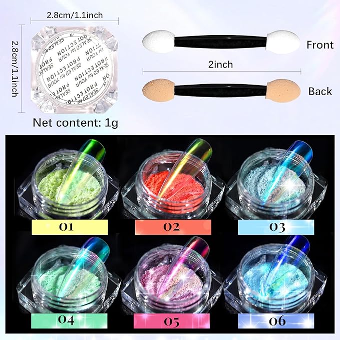 Chrome Nail Powder, 6 Colors Aurora Chrome Powder for Nails Pigment Iridescent Nail Powder Clear Nail Charms for Gel Polish Nail Art Decoration, Resin Craft, Nail Design, Nail Art Tools