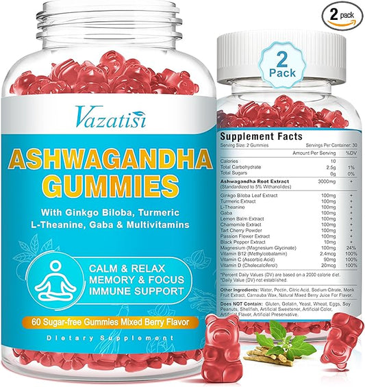 2 Pack Ashwagandha Gummies with Turmeric GABA Mood Energy and Immune Support, Mixed Berry Flavor 120 Cts