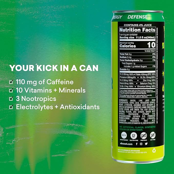 EBOOST Super Fuel Healthy Energy Drink - Caffeine from Natural & Clean Ingredients For Focus and Productivity -Taurine Free Pre-Workout With Electrolytes, Nootropic & Vitamins - Ginger Lime, 12 Pack