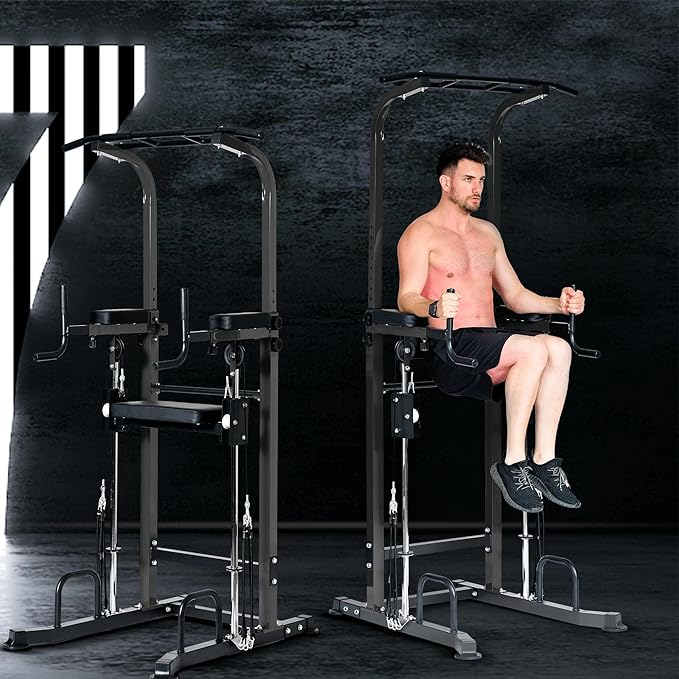 Dland Power Tower Dip Station Pull Up Bar Exercise Tower, Free Standing Pull Up Bars For Home Gym Strength Training Workout Equipment