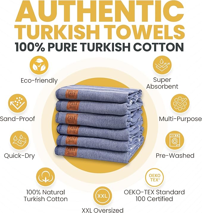 Gold CASE LYCIA Turkish Beach Towel Set of 6 – 100% Cotton Turkish Beach Towels Bulk 70 x 38'' – LYCIA Oversized, Quick Dry & Sand Free Beach Towel – Lightweight Towels Set in Navy Blue