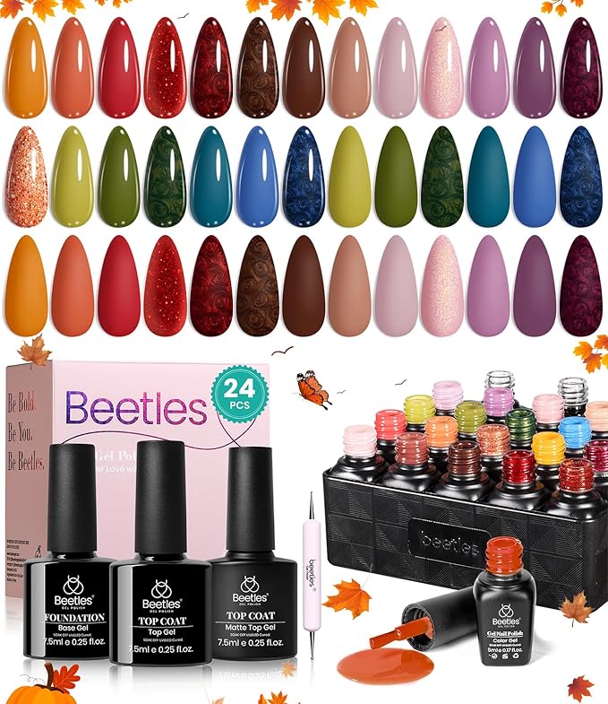 Beetles Winter Gel Polish Set - Toy Eden Gel Nail Polish Set 20 Colors Brown Orange Red Purple Glitter Shell Shread Green Nude Blue 24pcs with Base Top Coat UV LED Needed Gifts for Women