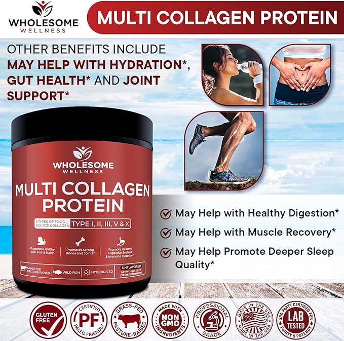 Wholesome Wellness Probiotics for Women 100 Billion CFUs with Prebiotics, Digestive Enzymes + Multi Collagen Protein Powder Hydrolyzed (Type I II III V X) Bundle
