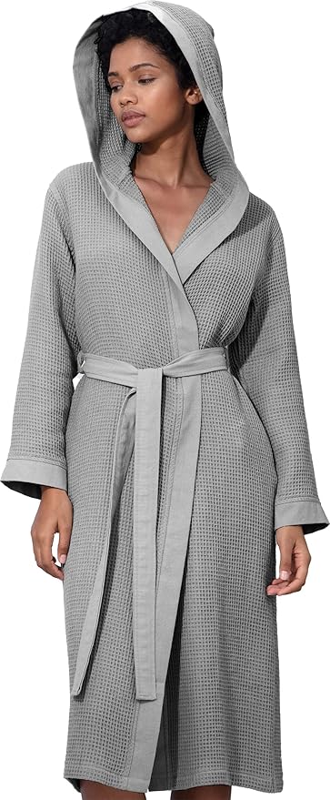 SEYANTE Women’s Luxury Waffle Shawl Collar, Hooded Robe w Piping – Lightweight, Long, Ultra Soft Spa Sleepwear Bathrobe