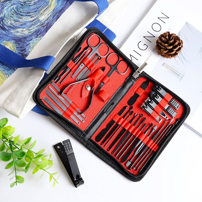 Manicure Set Pedicure Kit Womens Nail Clippers Set 32 in 1 Professional Grooming Care Tools Nail Kit Including Facial, Fingernails and Toenails Care with Travel Case Women (Wine-colored 32 in 1)