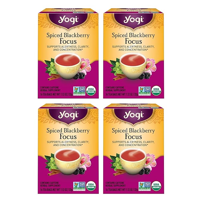 Yogi Tea Spiced Blackberry Focus - 16 Bags per Pack (4 Packs) - Organic Blackberry Tea for Focus with Caffeine - Includes Black Tea Leaf, Hibiscus Flower, Cinnamon Bark & More