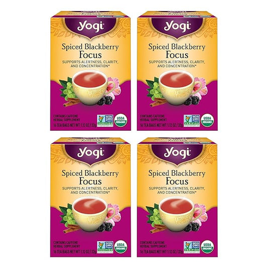 Yogi Tea Spiced Blackberry Focus - 16 Bags per Pack (4 Packs) - Organic Blackberry Tea for Focus with Caffeine - Includes Black Tea Leaf, Hibiscus Flower, Cinnamon Bark & More