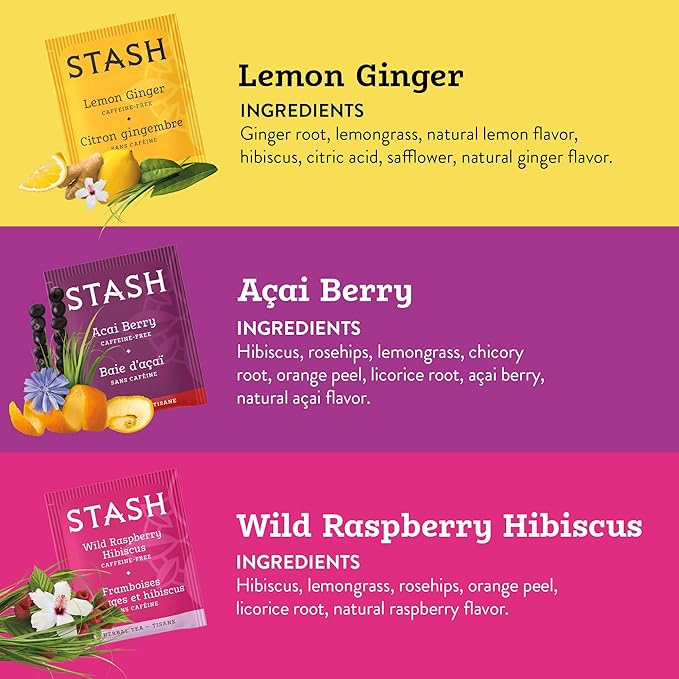 Stash Tea Fruity Herbal Tea 6 Flavor Tea Sampler, 6 boxes With 18-20 Tea Bags Each
