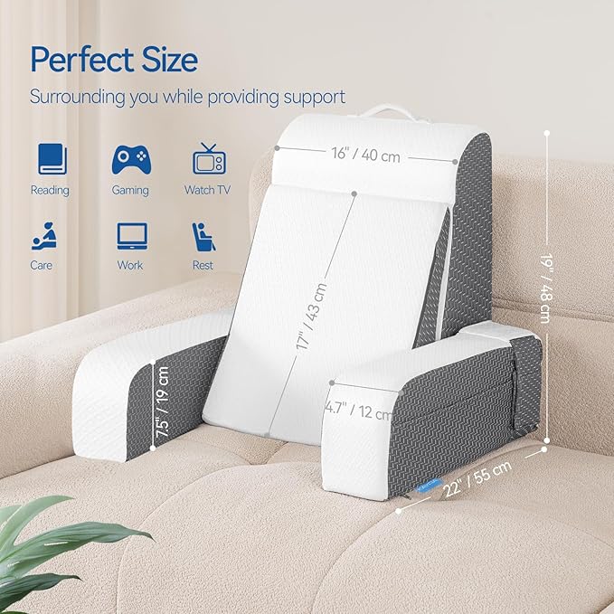 Kayfia Reading Pillow, 10 in 1 Back Pillow for Bed Sitting up with Detachable Arms Rest, Back Rest Pillow with Gel Memory Foam, Husband Pillow for Reading/Gaming/Working in Bed or Couch 19", White