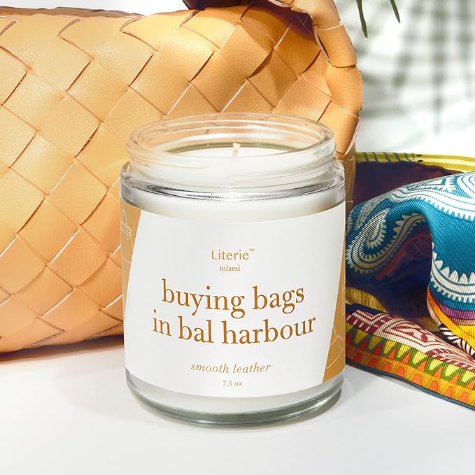 Literie Miami Inspired Scented Candle: Buying Bags in Bal Harbor - Smooth Leather Scent, 7.5oz, 40 Hour Burn, Vegan Soy & Coconut Blend Candle for Home Decor, Gift for Women & Men