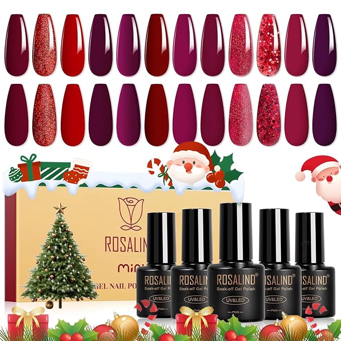 ROSALIND Christmas Red Gel Polish, 12 Colors Burgundy Glitter Red Nail Polish for Nail Art, Bloody Mary Collection Cherry Wine Colors Winter U V Gel Nail Polish Gift