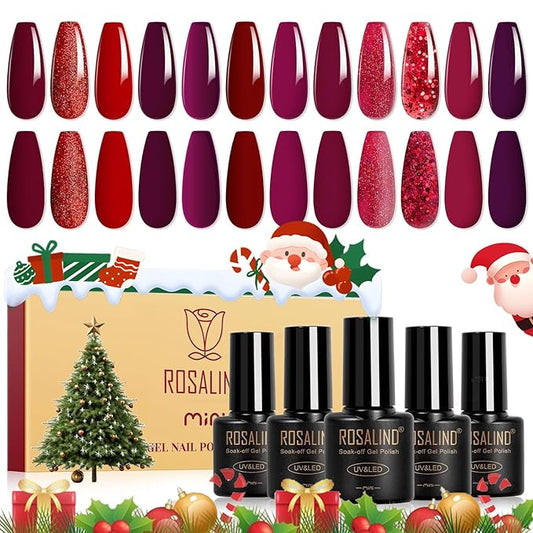 ROSALIND Christmas Red Gel Polish, 12 Colors Burgundy Glitter Red Nail Polish for Nail Art, Bloody Mary Collection Cherry Wine Colors Winter U V Gel Nail Polish Gift