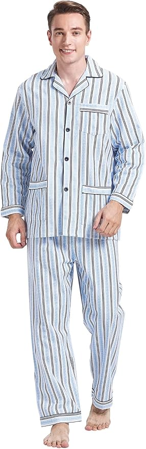 GLOBAL Men's Pajamas Sets 100% Cotton Flannel Sleepwear Long-Sleeve top & Bottom