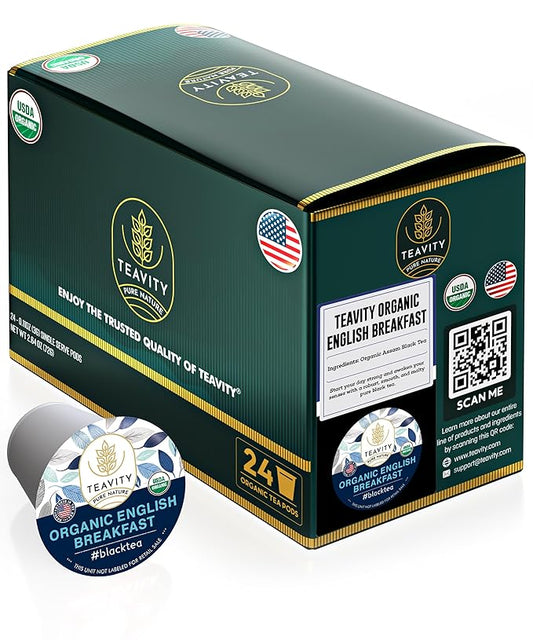 Organic English Breakfast Tea Pods for Keurig - Naturally Caffeinated Unsweetened Black Tea Pods by Teavity (24 Tea Pods)
