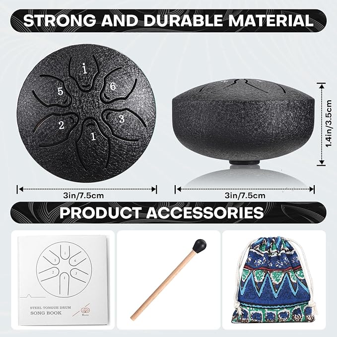 Facmogu Steel Tongue Drum, 6 Notes 3 Inches Rain Drum for Outside, Mini Rain Chime Drum with Bag, Music Book, Drumsticks, Waterlogging Rain Drum for Outside when It Rains - Black (Bowling Pattern)