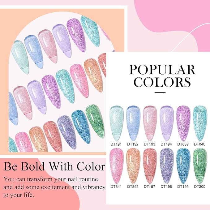 MEET ACROSS Reflective Glitter Gel Nail Polish, Shimmery Gel Polish Set 12 Pcs Sparkly Shiny Gel Soak Off UV LED Nail Art Varnish Manicure Kit DIY at Home