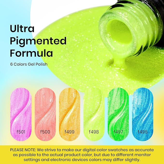 Beetles Glitter Gel Polish Set - 6 Colors Sparkling Water Shimmer Blue Green Pink Orange Glitter Neon Gel Polish Soak Off Nail Art Design Soak off Uv Gel Manicure Gift for Girls Women