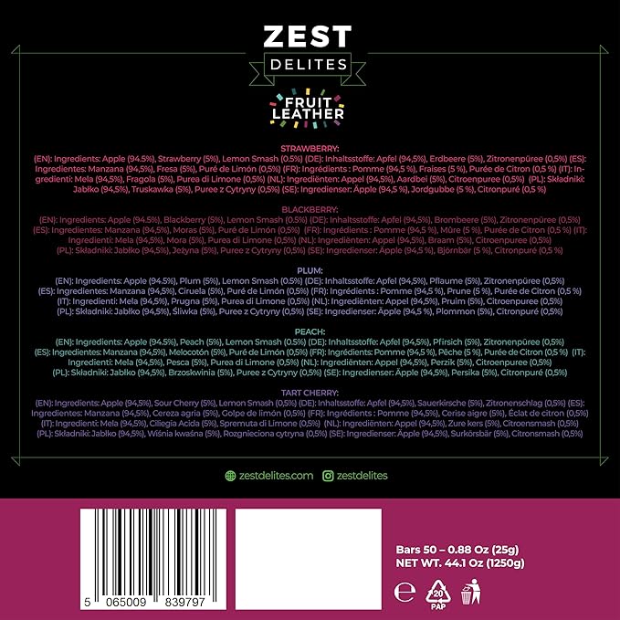 Fruit Snacks by Zest Delites, Fruit Leather Bars, Healthy Snacks for Adults & Kids, Vegan, Apple-Based, Strawberry, Peach, Blackberry, Plum, Tart Cherry, Bulk 0.88 oz x 50