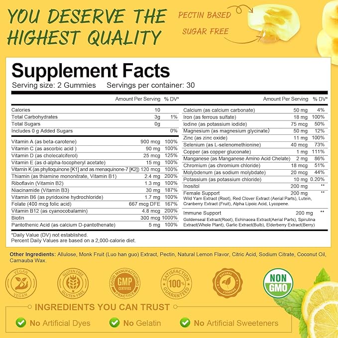 Totaria Sugar Free Multivitamin Gummies for Women 14+ w/Iron, Bariatric Multivitamin, Inositol, Folate, Biotin, Womens Daily Gummy w/Vitamin A, D, C, B, for Hair, Skin, Energy, Immune, Lemon Flavor