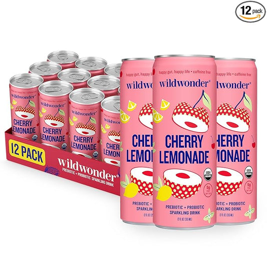NEW! wildwonder Sparkling Probiotic Drink 12pk, For Gut Health & Immune Support, Cherry Lemonade, 5g Prebiotic Fiber, Live Probiotics, Organic, Vegan, Low Sugar, 12 Pack, 12oz Can, Seen on Shark Tank