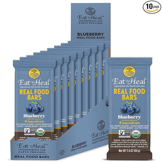 EatToHeal Blueberry Real Food Bar - Organic Protein Bars, Vegan Food, Healthy Gluten Free Protein Food - Low Sugar Protein Bars, Non GMO, Never Baked, Plant Based Organic Snacks - Crafted to Enjoy