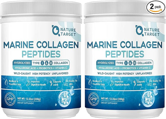 NATURE TARGET Marine Collagen Peptides Powder - Type I & III Collagen with Probiotics, Vitamin C & Hyaluronic Acid for Skin, Hair, Nails, Wild-Caught Fish & Grass-Fed Bovine, 35 Servings (Pack of 2)
