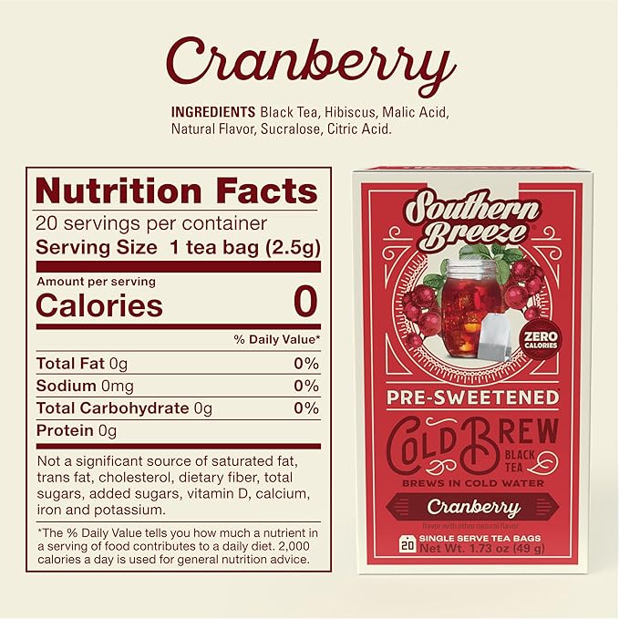Southern Breeze Cold Brew Sweet Tea Cranberry Iced Tea with Black Tea and Zero Carbs Zero Sugar, 20 Individually Wrapped Tea Bags Pack of 4