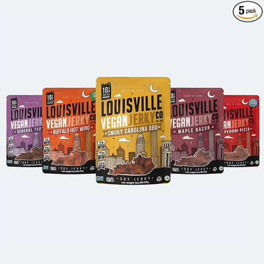 Louisville Vegan Jerky Co. Limited Variety Bundle Vegan Jerky 3 oz. 5 pack (Smoky Carolina BBQ, Buffalo Hot Wing, Maple Bacon, Smoked Black Pepper, General Tso)