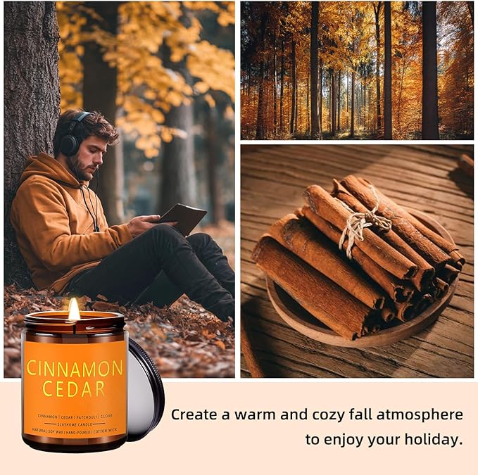 Fall Candles, Cinnamon & Cedar Scented Soy Candles, Autumn/Holiday/Halloween/Birthday/Christmas Gifts for Women & Men, 50-Hours Burning Time (7Oz)