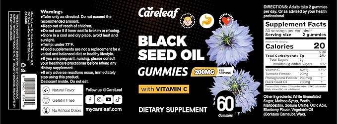 Black Seed Oil Gummies with Turmeric & Pomegranate | 200mg Antioxidant Supplement for Immune Support, Skin & Heart Health | Vitamin C Enriched for Hair & Nails | Natural Vegan Gummy