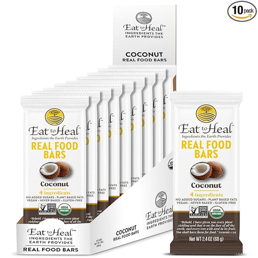 EatToHeal Coconut Real Food Bar - Organic Vegan Healthy Gluten Free Protein Bars - Low Sugar Meal Replacement Bar, Non GMO, Never Baked, Plant Based - Crafted to Enjoy, Not Sit on Shelves