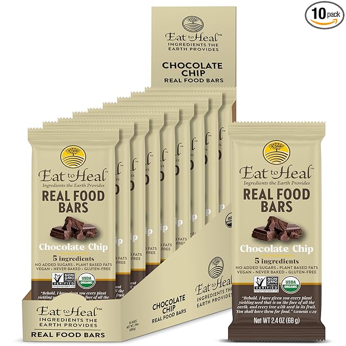 EatToHeal Chocolate Chip Real Food Bar - Organic Vegan Healthy Gluten Free Protein Bars - Low Sugar Meal Replacement Bar, Non GMO, Never Baked, Plant Based - Crafted to Enjoy, Not Sit on Shelves