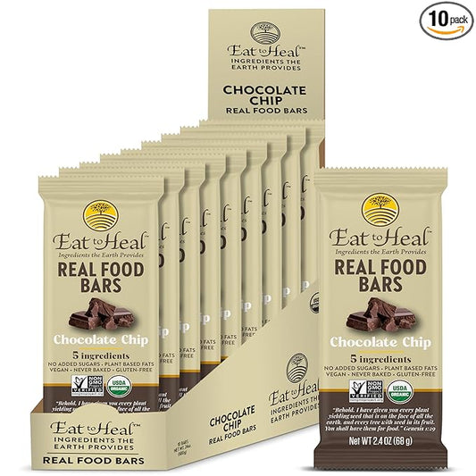 EatToHeal Chocolate Chip Real Food Bar - Organic Vegan Healthy Gluten Free Protein Bars - Low Sugar Meal Replacement Bar, Non GMO, Never Baked, Plant Based - Crafted to Enjoy, Not Sit on Shelves