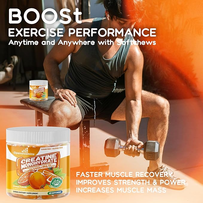 Creatine Monohydrate Soft Chews Complex 6400mg for Men & Women -Advanced Formula W/L-Taurine + Vitamin B12, Sugar Free Chewable Supplement,60 Orange Softchews
