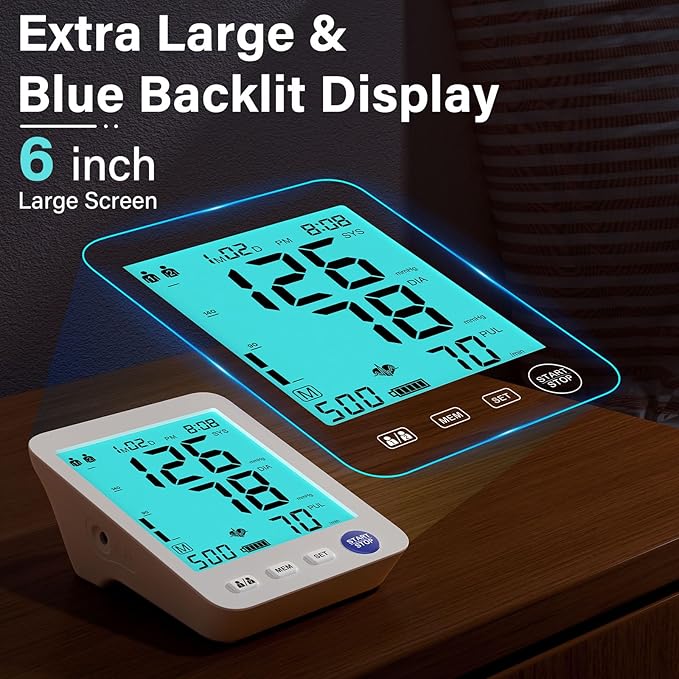 ADKING Automatic Upper Arm Blood Pressure Monitor Home Use, Large BP Cuff, Large Backlit Display, 2X500 Memories, Nylon Carry Case (Blue)