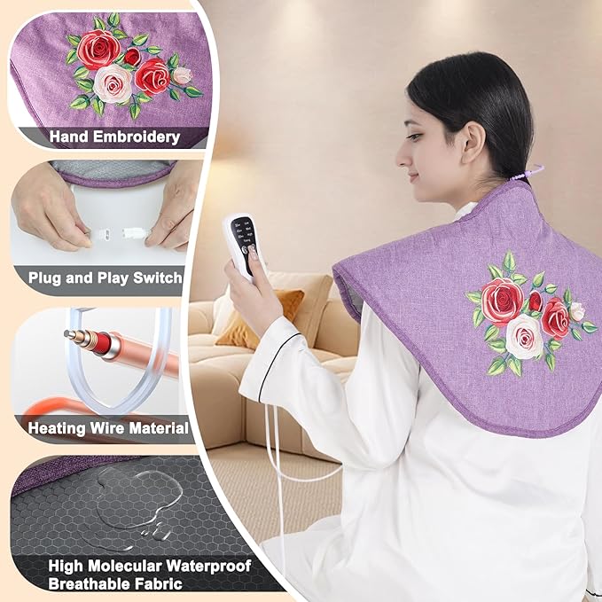 WGL&HJ Far Infrared Graphene Heating Pad for Neck,Shoulder,Back Pain Relief,Himalayan Pink Salt and Natural Herbs Heat Herbal Aromatherapy,Hand Embroidered Roses,Gifts for Women Men Moms Dad