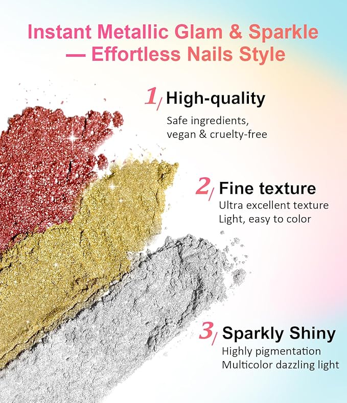 Gold Chrome Nail Powder BISHENGYF -【Fairy Effect】Pink Chrome Nail Powder White Pearl Aurora Mermaid Iridescent Rose Gold Red Nail Chrome Powder Metallic Mirror Glitter Pigment Dust for Nail Art DIY
