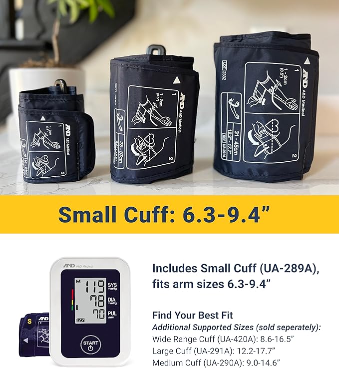 A&D Medical Blood Pressure Monitor for Home Use – UA-651SAC – Petite Upper Arm BP Machine – Small Cuff (6.3–9.4” / 16-24 cm) – Adults, Easy to Use, AC Adapter