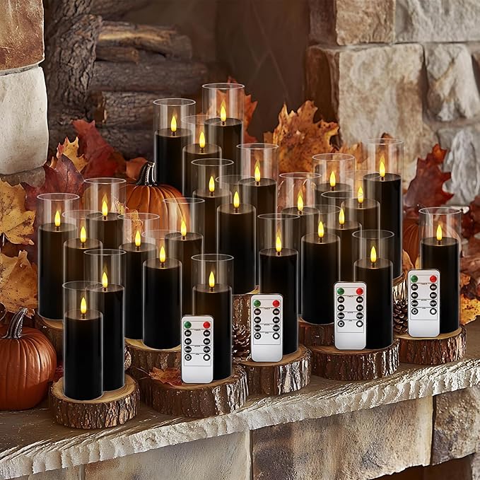 24Pack Black Flickering Flameless LED Candles with Remote & Timer, Small Pillar Acrylic LED Candles Perfect for Indoor/Outdoor Decor,Wedding,BBQ and Gift - Easily Create a Magical Atmosphere.