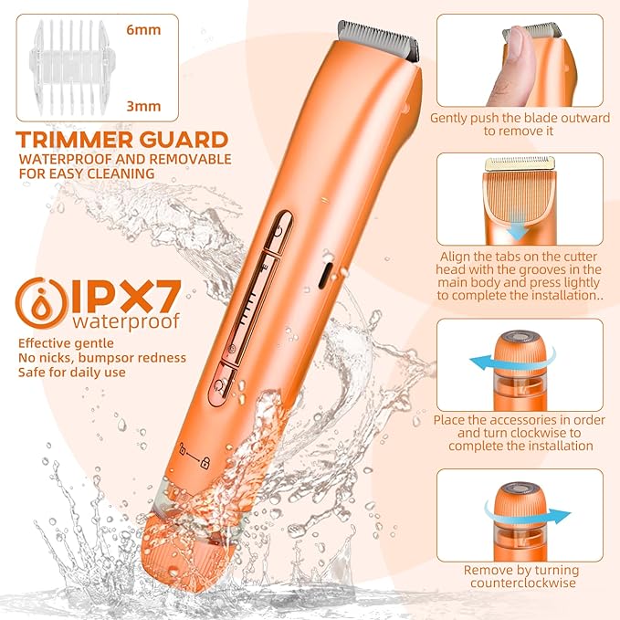 Bikini Trimmer for Women,Dual Head Shaver, IPX7 Waterproof, Compact Travel Design Bikini Shaver for Public Hair, Facial and Body(Orange)