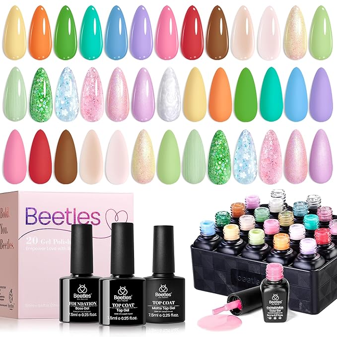 beetles Gel Nail Polish Set 20 Colors Pastel Gel Polish with Glossy&Matte Top Coat Base Coat, Pink Purple Blue Green White Trendy Color Glitter Uv Embrace Nature Gift for Women & Girls