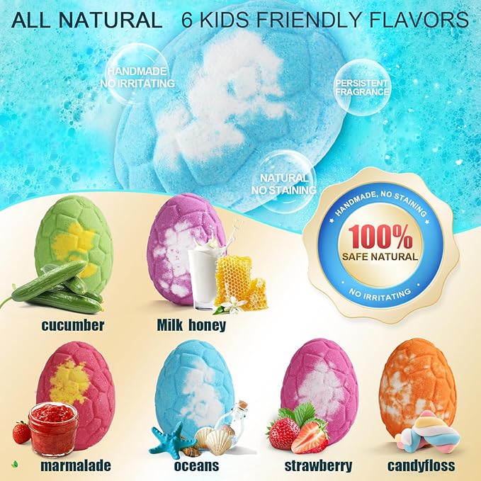 Bath Bombs for Kids with Surprise Inside, 6 Pack Dinosaur Toys Halloween Toddler Bath Bombs Gift, Organic Bubble Bath Fizzies, Dinosaur Egg, Stocking Stuffers for Kids, Christmas Gifts for Kid 3-12