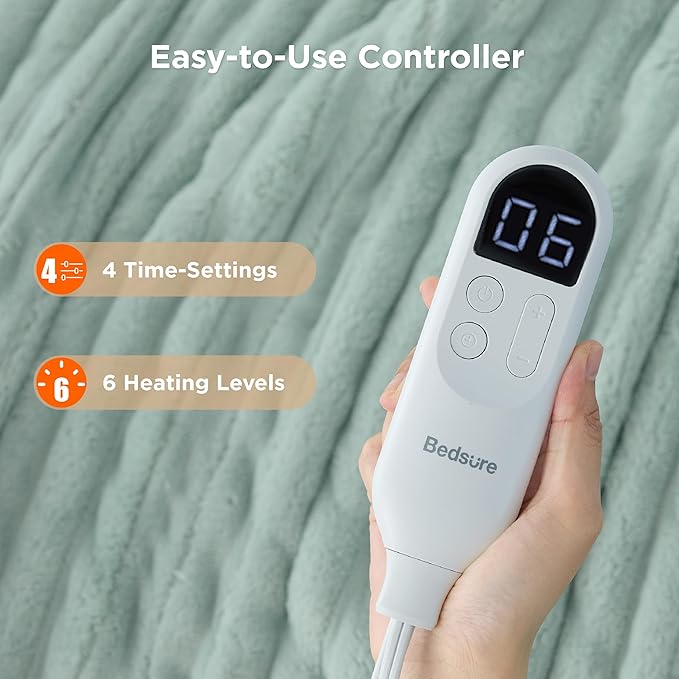 Bedsure Heated Blanket Electric Throw - Thick Striped Flannel Electric Blanket, Heating with 4 Time Settings, 6 Heat Settings, and 3-Hour Timer Auto Shut Off, Gift for Grandma (50x60 inches, Green)