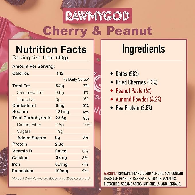 RAWMYGOD Fruit and Nut Bars, Gluten Free, Vegan, No Added Sugar (16 bars, Cherry & Peanut)