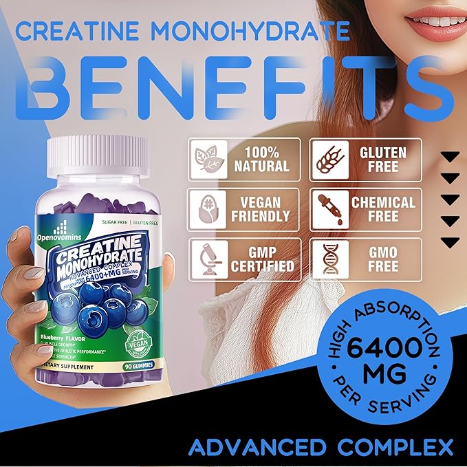 Creatine Monohydrate Gummies Complex for Men & Women -Advanced Formula W/L-Taurine + Vitamin B12, Sugar Free Chewable Supplement,90 Blueberry Gummies